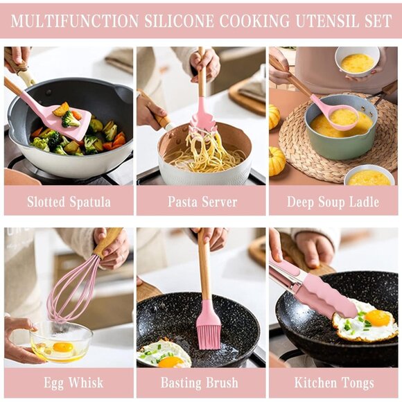 33 pcs Non-Stick Silicone Cooking Kitchen Utensils Spatula Pink Set with Holder - Picture 7 of 9